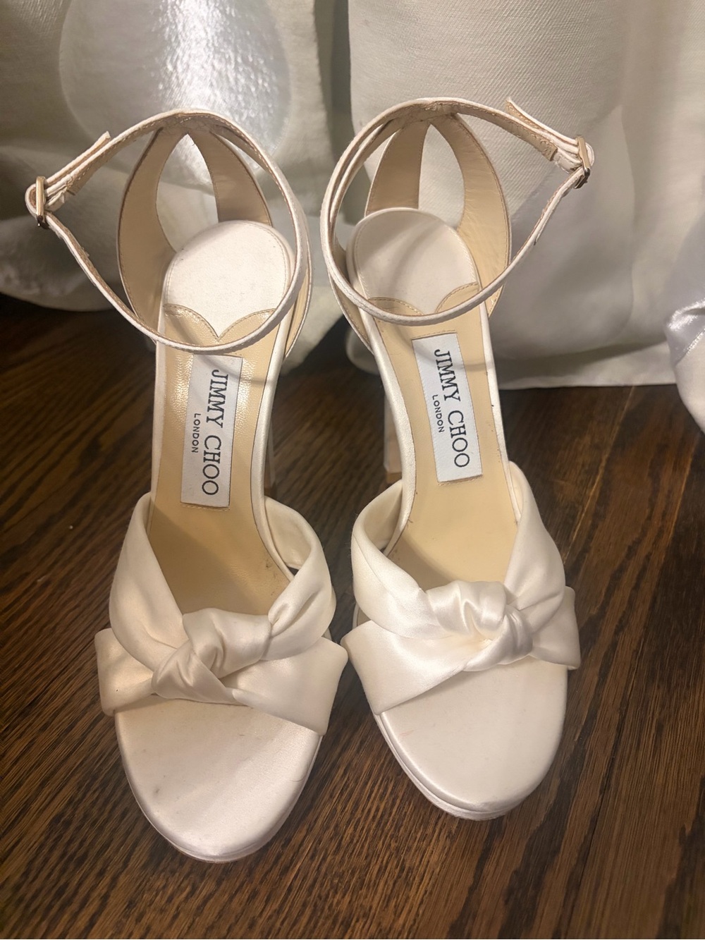 Jimmy Choo Cream Satin Knot Ankle-Strap Heels